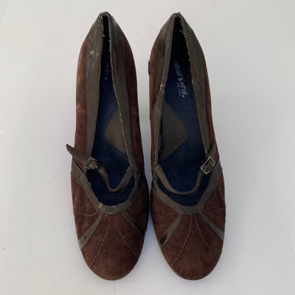 What's What by Aerosoles Brown Suede & Leather Round Toe Mary Jane Pumps